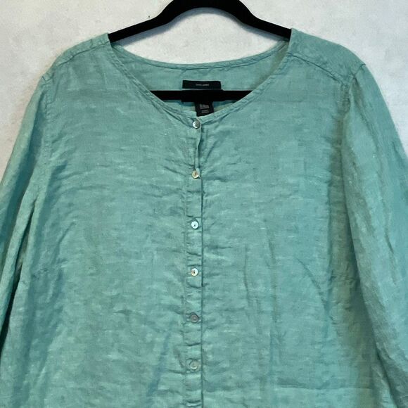 TAHARI Women’s Linen Button Front Tunic Top 2X Teal Green Long Sleeve Blouse - Picture 3 of 13